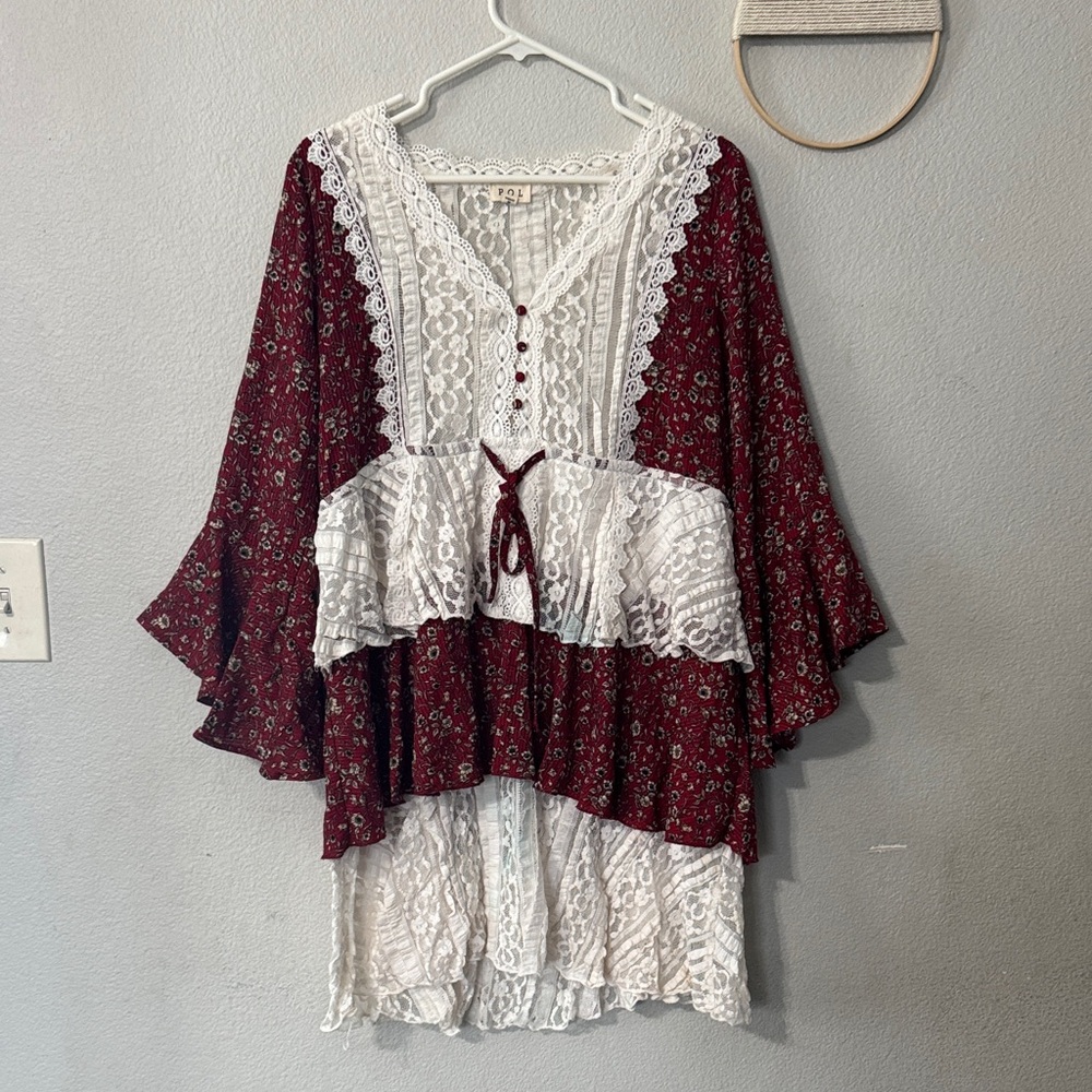 POL Burgundy and White Lace Blouse